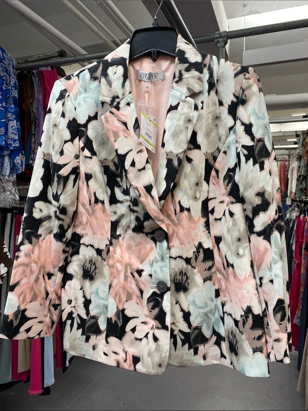 Kasper Black Floral Blazer with Pink and Light Blue Blooms